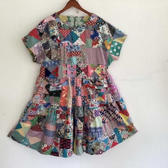 Upcycled vintage crazy patchwork quilt babydoll mid length lined dress Med to XL - Picture 11 of 16